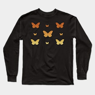 Orange Ombre Faux Glitter Butterflies Long Sleeve T-Shirt